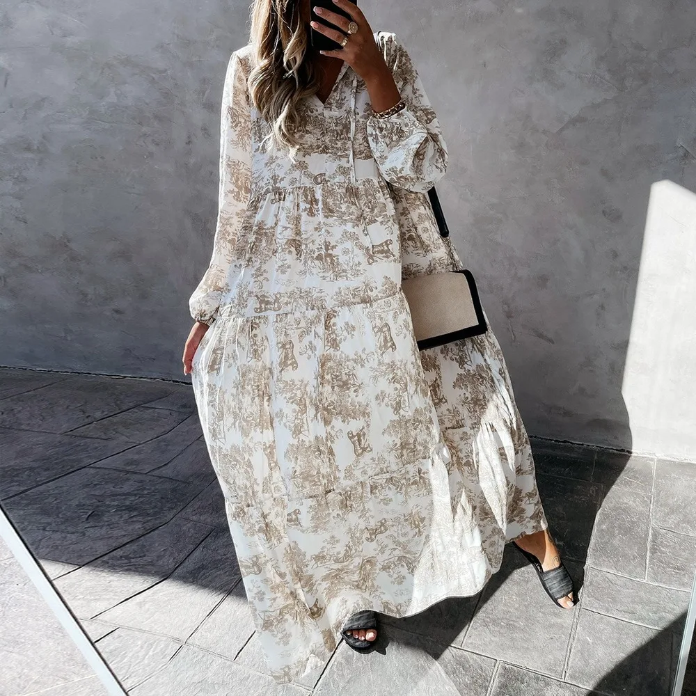 

Elegant Lace-Up Drawstring Dress Summer Fashion Flower Print Long Sleeve Party Dress Women Casual V Neck Loose Maxi Dress Mujer