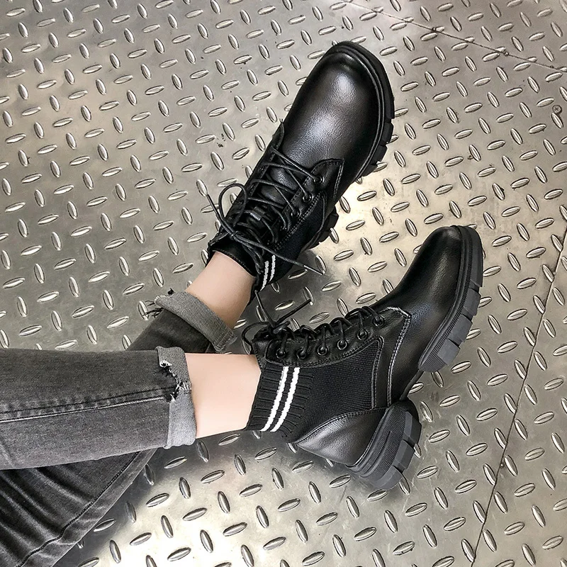 2019 new fashion casual female Martin boots knit comfortable breathable lace women's thick with tube shoes | Обувь