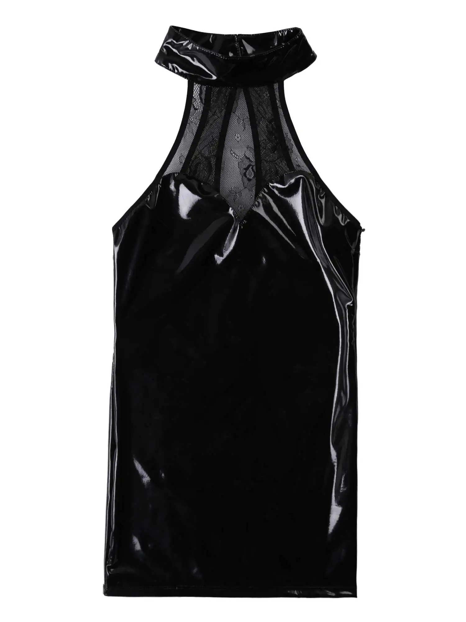 

Womens Sexy Dress Fashion Evening Parties Clubwear Costumes Ladies Femme Shiny Bodycon Latex Skinny Leather Halter Mini Dress