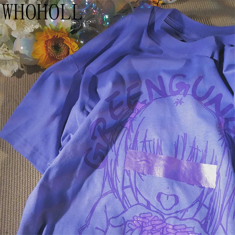 

WHOHOLL Purple Cartoon Print Short Sleeve T-shirt For Men And Women's Harajuku Loose Couple Top Half Sleeve