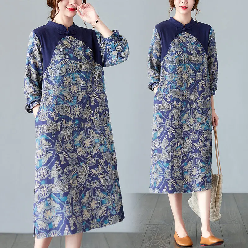 

Женское платье с длинным рукавом, винтажное платье из хлопка и льна с принтом в стиле пэчворк, осень-весна 2022