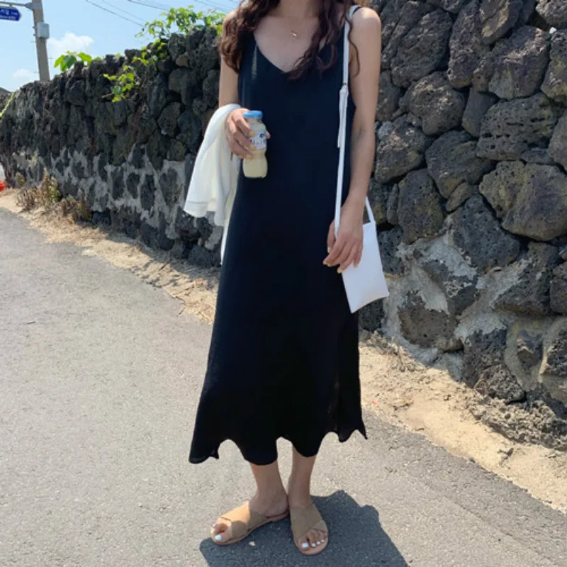 

Женское летнее длинное сексуальное платье с V-образным вырезом, платья на бретелях-спагетти, прямое платье с разрезом, женское черное платье