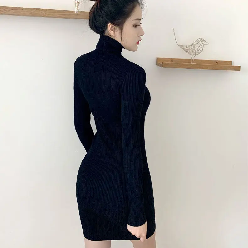 

Women High-neck Knitted Sweater Dress Female Autumn Winter Long-sleeved Bottoming Mid-length Solid Color Sexy Slim-fit Hip Dress