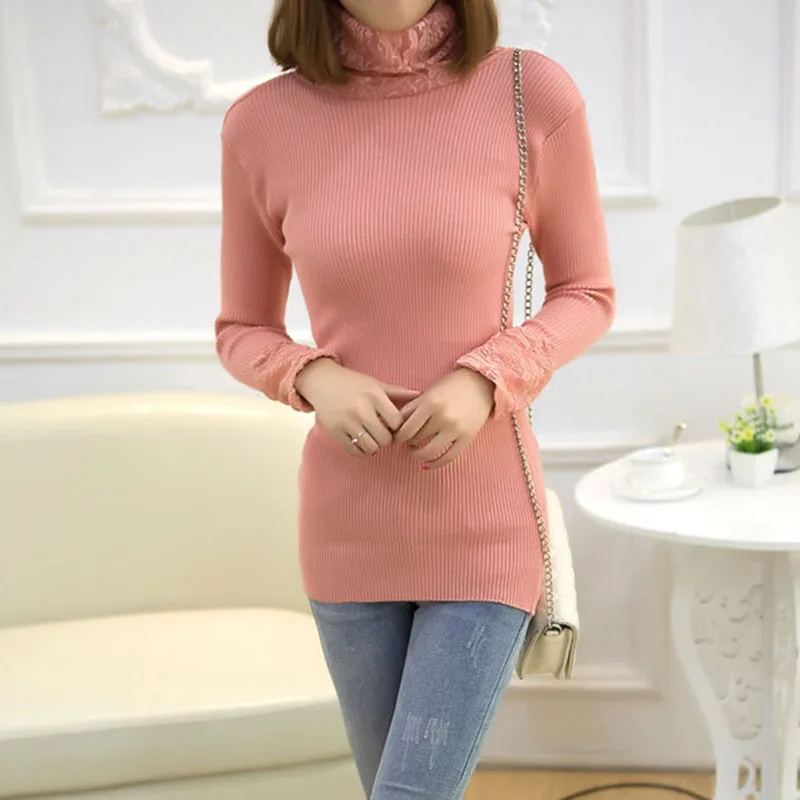 Зимние пуловеры новинка 2019 корейский стиль тонкий свитер с кружевным воротником