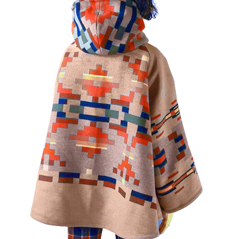 

Winter Colorful Printed Woolen Coat for Women Thick Warm Hooded Outwears Hom Buttons Pockets Loose Casual Female Vintage Coats