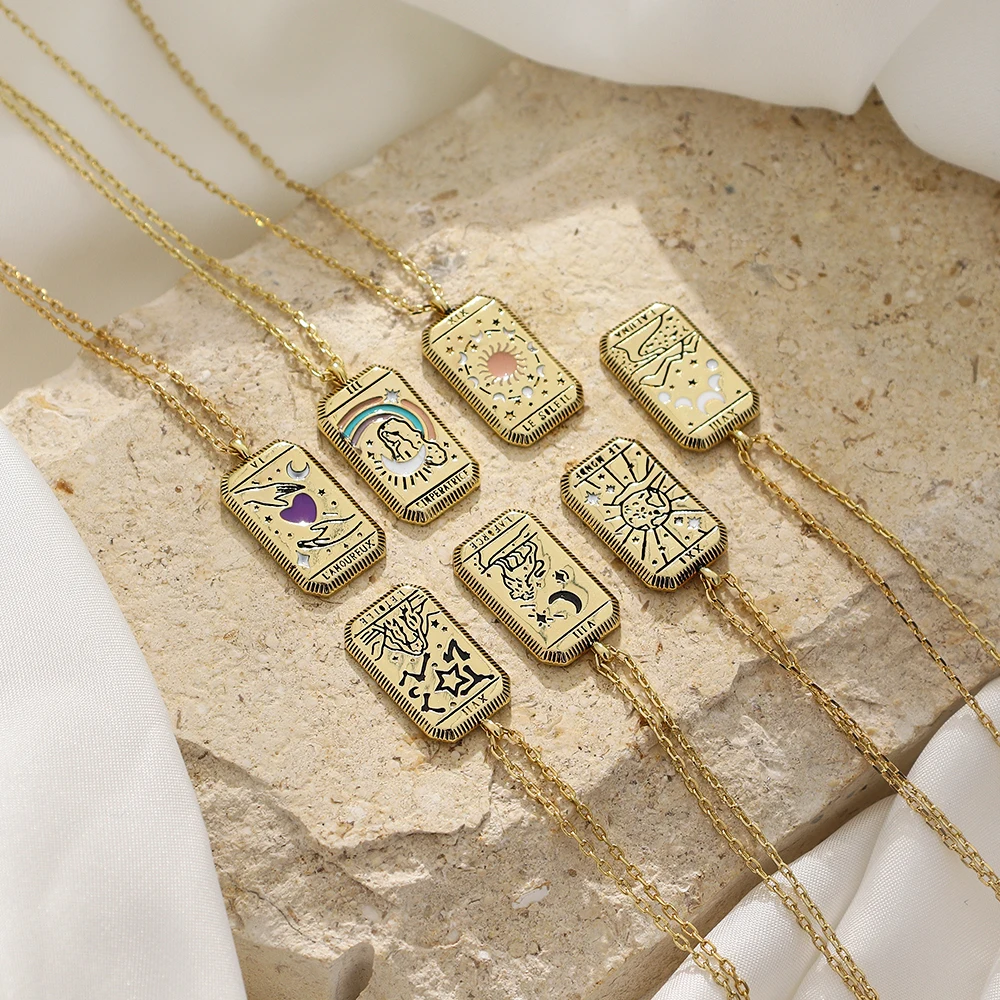 

2021 Creative Girl's Colorful Enamel Tarot Card Pendant Necklace 16K Gold Platd Square Moon Sun World Love Power Couple Necklace