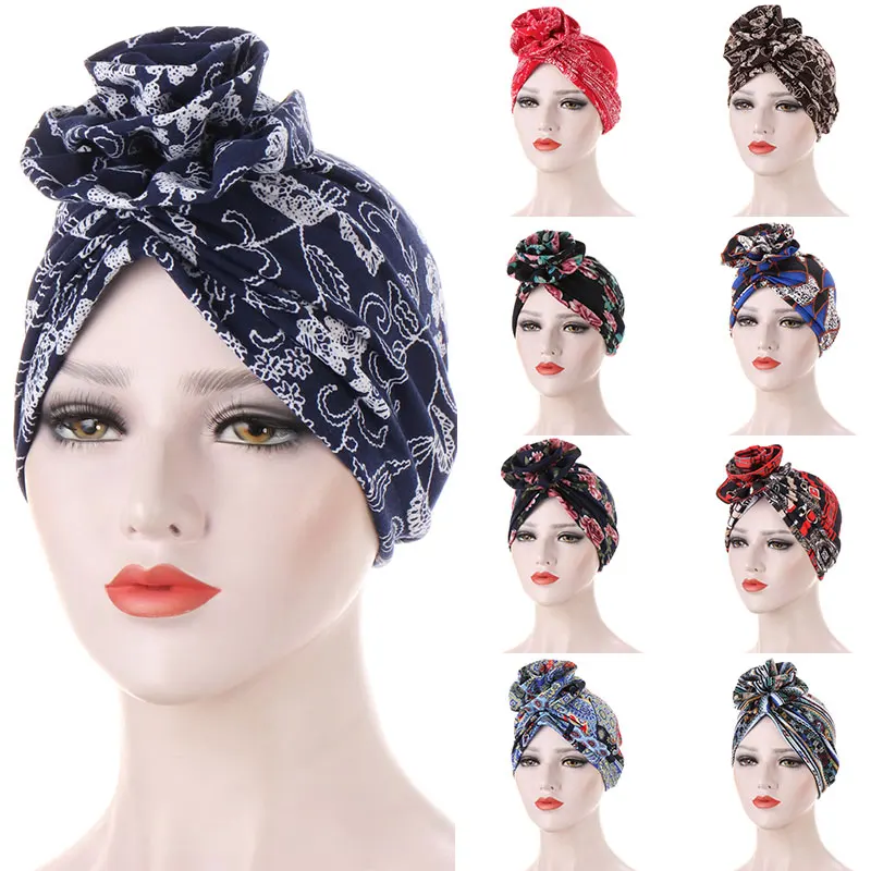

Free Flower Print Women's Turban Hat Street Shooting Hijab Decorative Bonnet Hat Hedging Cap Decorative Flower Cloth Turban Hat