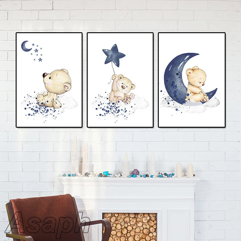 

Child Nursery Poster Bear Moon Star Canvas Wall Art Print Animal Painting Nordic Decor Picture for Children's room