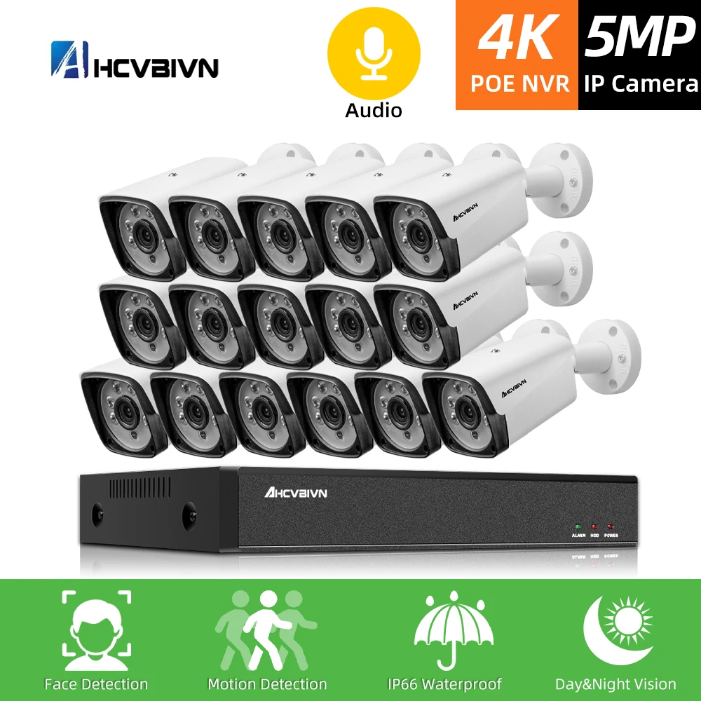 

Система видеонаблюдения NVR, 16 каналов, 4K, 5 Мп наружная IP-камера безопасности с датчиком движения, аудио H.265 + 16 каналов POE NVR