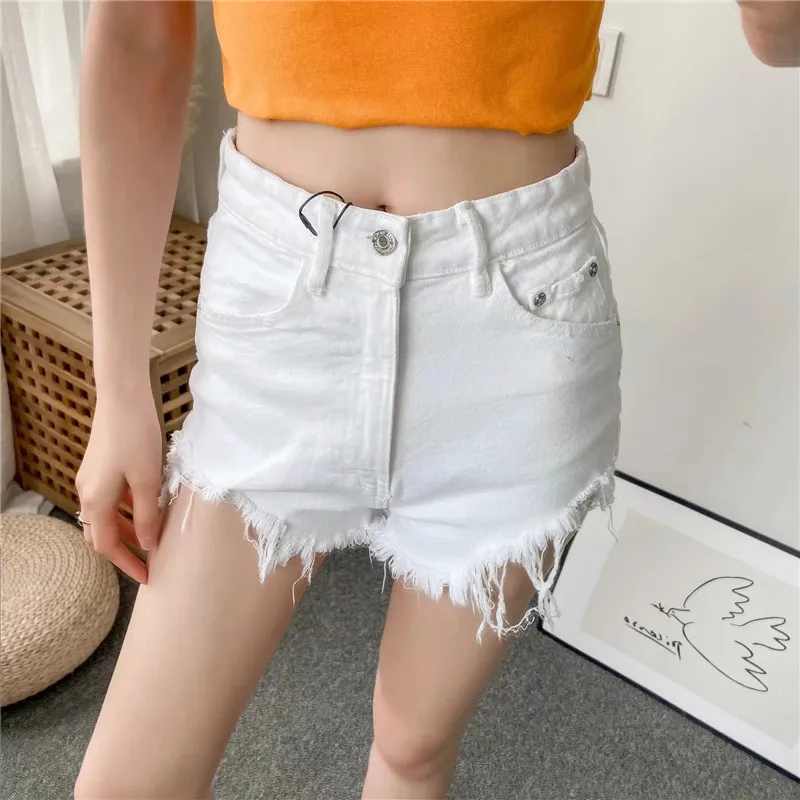 

PSEEWE Summer Za Shorts Women 2021 White High Waist Denim Shorts Female Jeans Fashion Frayed Hems Casual Black Short Pants Woman