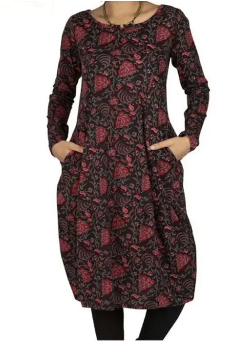 

Plus size 5xl vintage dress Women long sleeve o-neck floral printed mini shift dress Ladies casual clothes