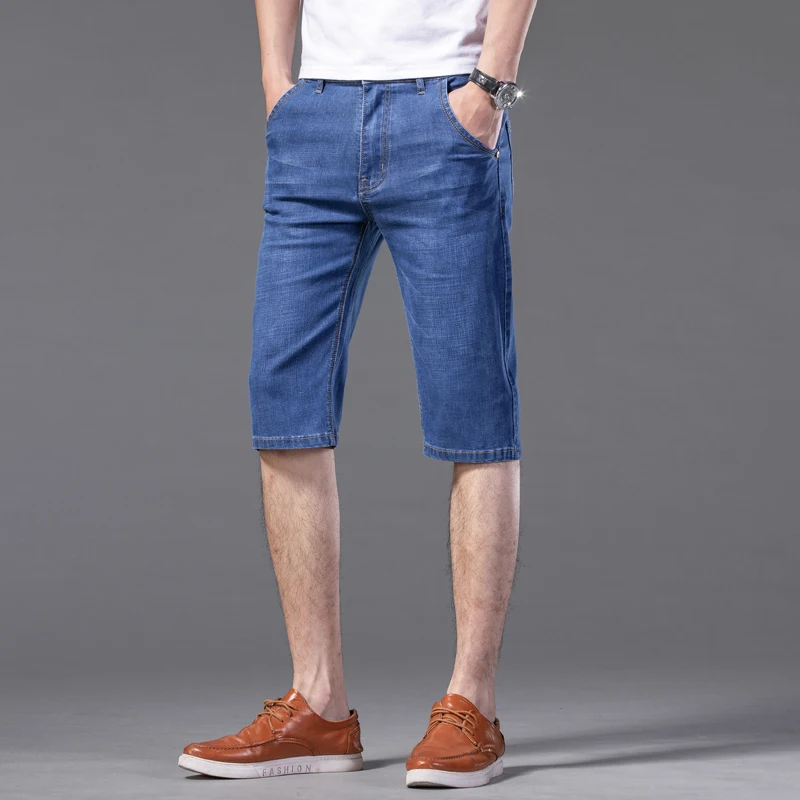 

Summer Denim Shorts Men's Thin Plus Size Slim-fit Knee-length Jeans Men's Solid Color Business Casual Denim Shorts