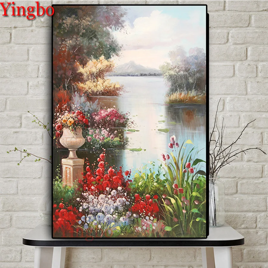 

New arrival 5d Diy diamond painting flower lake scenery picture rhinestones embroidery diamond mosaic sticker cross stitch decor