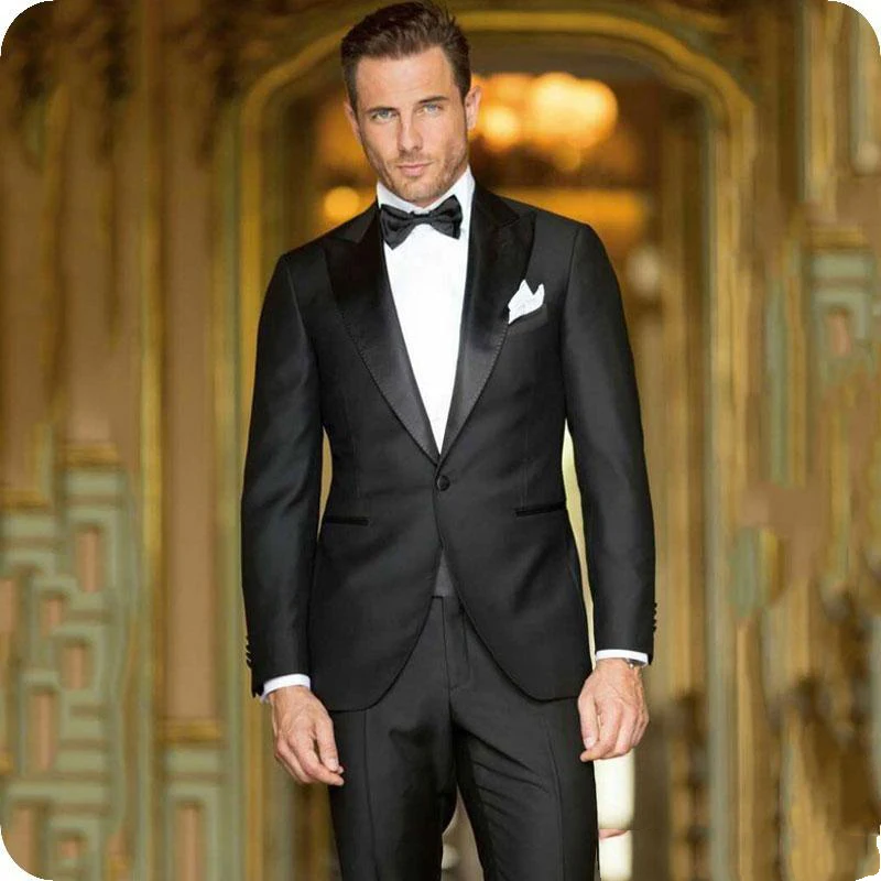 

(Jacket+Pants) Handsome Peak Lapel Black 2 Piece Groom Tuexdos For Wedding Formal Prom Suit Party Evening Blazer Custom Made