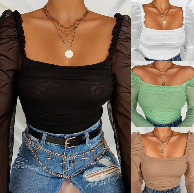 

Spring/Autumn Bubble Sleeve Shirt Sexy Perspective Elastic Lace Square Collar Off Shoulder Dress Casual Fashion Elegant Lady Top