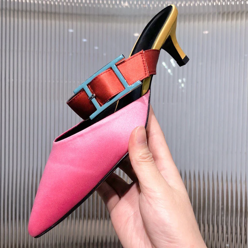 

Summer New Shoes Woman Elegant Kid Suede retro female Sandals Metal Buckle Strap Pointed Toe Kitten Heels party banquer Slippers