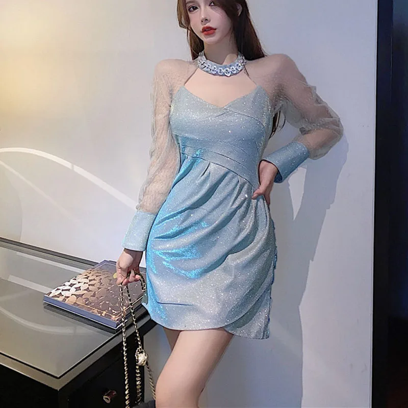 

New Sexy Lace Women Party Mini Dress Fashion Sequined Summer Long Sleeve A Line Ladies Dress Causal V Neck Female Vestidos