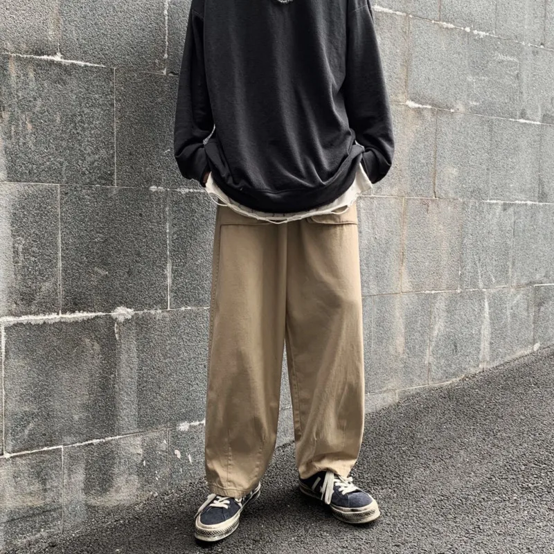 

Spring Drawstring Casual Pants Men's Fashion Solid Color Retro Straight Pants Men Streetwear Wild Hip-hop Loose Overalls Mens