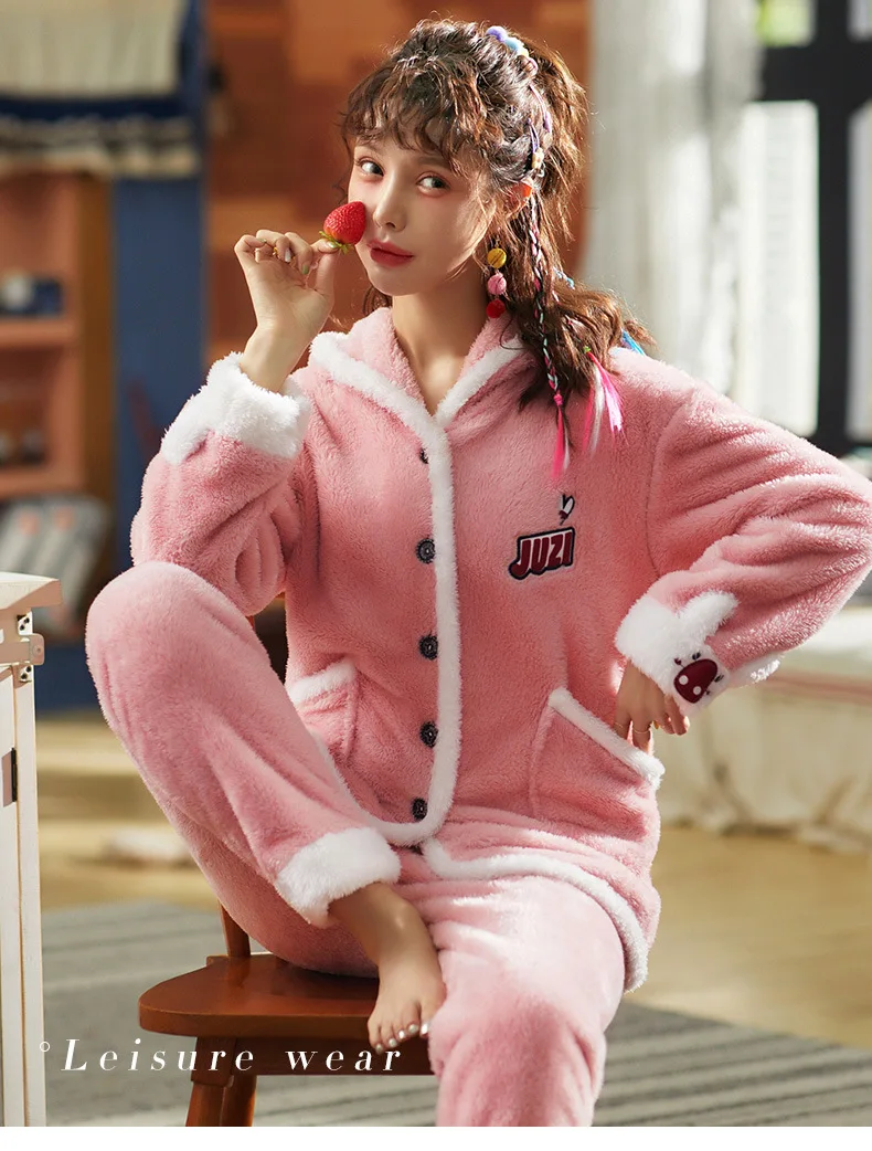 

Winter Animal Thick Women Pajamas Set Sleepwear Warm Long Sleeves Female Pyjamas Sets Pink Cute Homewear Home Suit