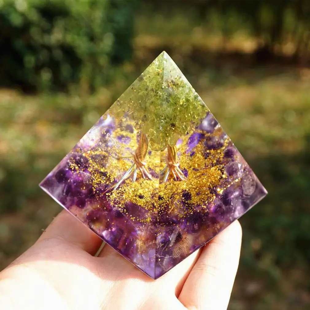 

Tree Of Life Pyramid Amethyst Peridot Healing Crystal Energy Pyramid EMF Protection Meditation Tool Home Decoration
