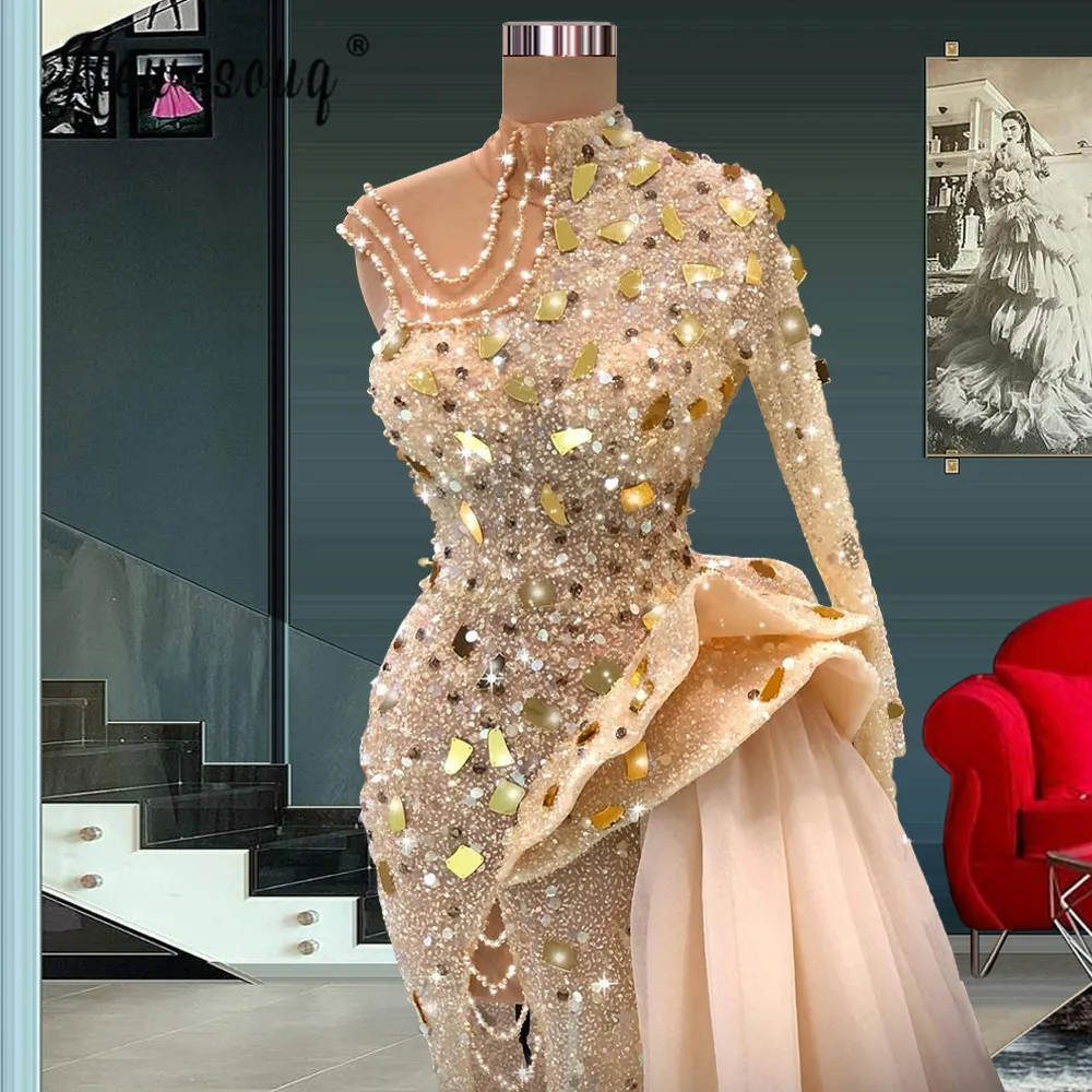 

Luxury Rhinestones Mermaid Cocktail Dresses 2022 Champagne One Shoulder Crystals Prom Gowns For Party Women Vestidos De Fiesta