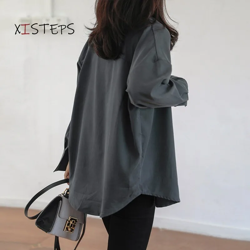 Lazy Style Women Chiffon Blouses Grey Shirts Vintage Loose Tops 2021 Autumn Winter Female Blouses Long Sleeve Turn-down Collar