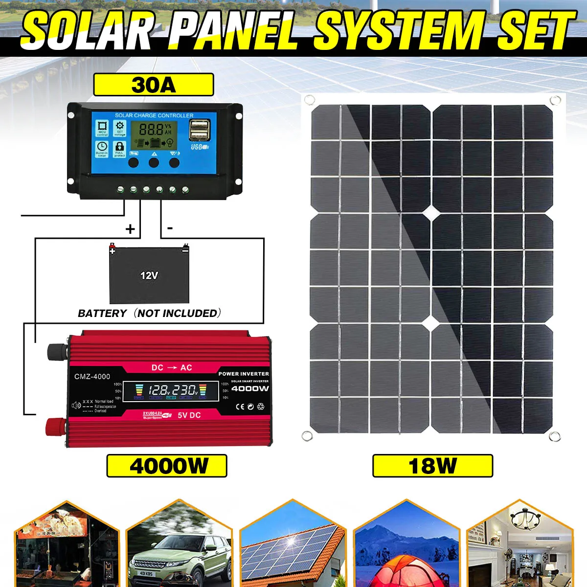

110V/220V Solar Panel System 12V 18W Solar Panel 30A Charge Controller 4000W Solar Inverter Kit Complete Power Generation Kit