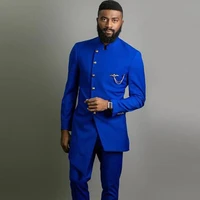 arabic dubai royal blue men suits wedding tuxedos slim fit with mandarin stand collar long jacket two pieces male pants suit