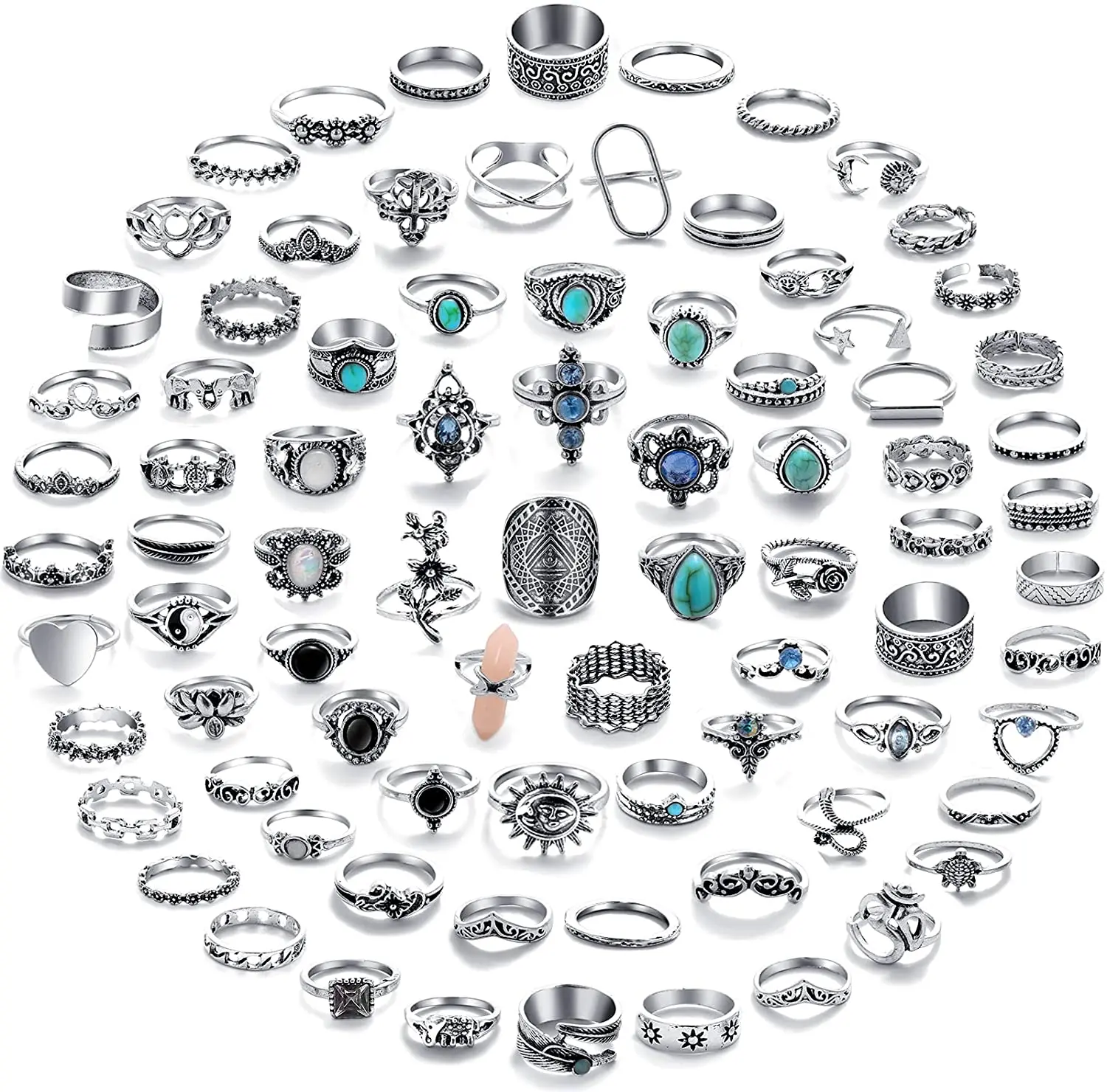 

62pcs Hiphop Flower Butterfly Rings Set For Women Men Bohemian Retro Punk Silver Plated Heart Chain Finger stone Ring Jewelry