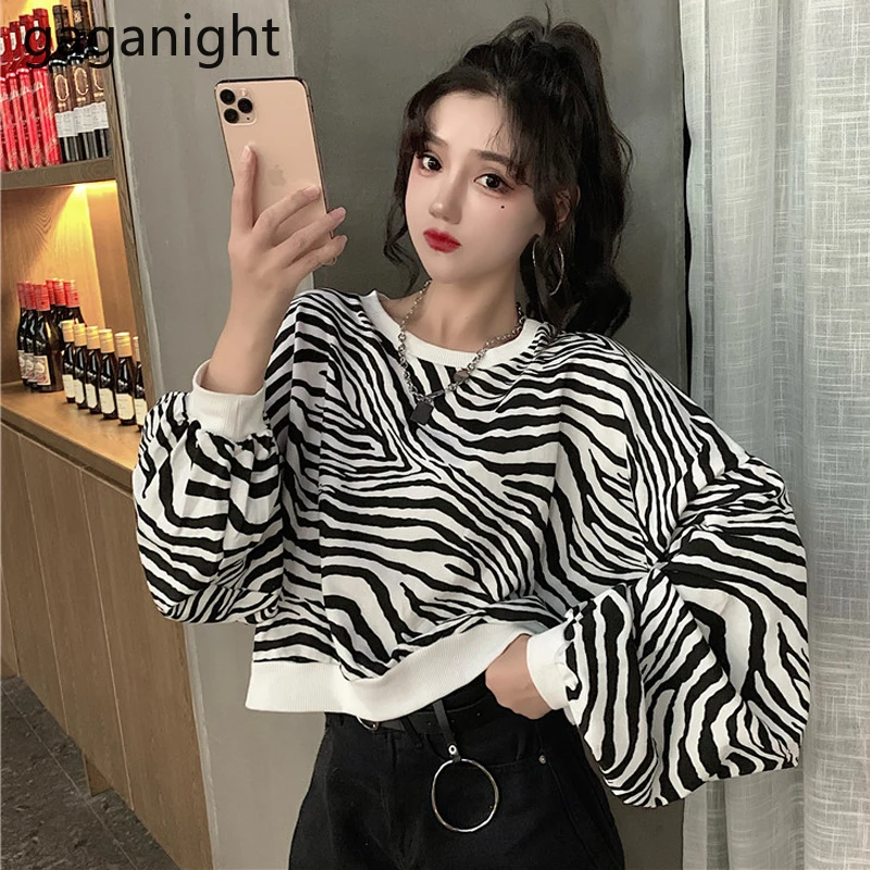 

Gaganight Fashion Women Jumper Zebra Pattern Crop Pullover Chic Korean Hoodies Casual Loose Girls Harajuku Sweatershirt Tops New