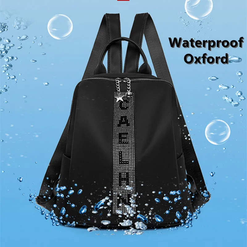 

Модный женский рюкзак из водонепроницаемой ткани Оксфорд, школьная сумка Стразы с заклепками с надписью, простой однотонный светильник и в...