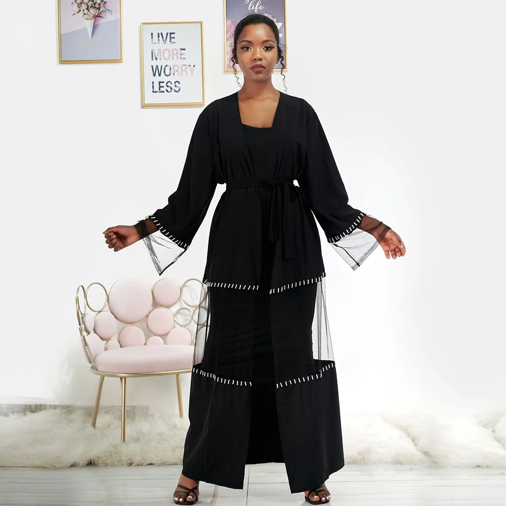 Дубай абайя черная сетка пэчворк жемчуг кимомо ИД Мубарек кардиган хиджаб платье