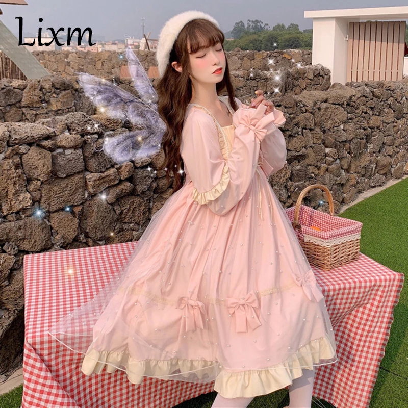 

Lolita fairy dress women autumn winter new sweet temperament mesh lolita long sleeve big swing dress