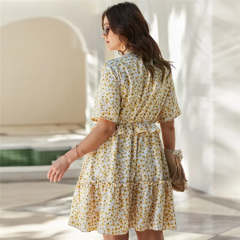 2021 de moda de verano de gran tamaño vestido Floral de las mujeres lazo sexi con cuello en V de playa vestido Casual vestido de chicas XL-4XL