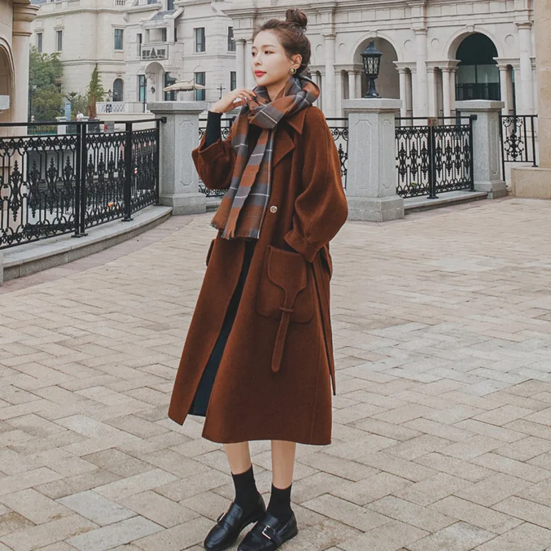 

SHENGPALAE 2021 Winter Women's Woolen Coat Long Turn-down Collar Belt Waist Korean Loose Solid Color Long Sleeve Overcoat ZC230