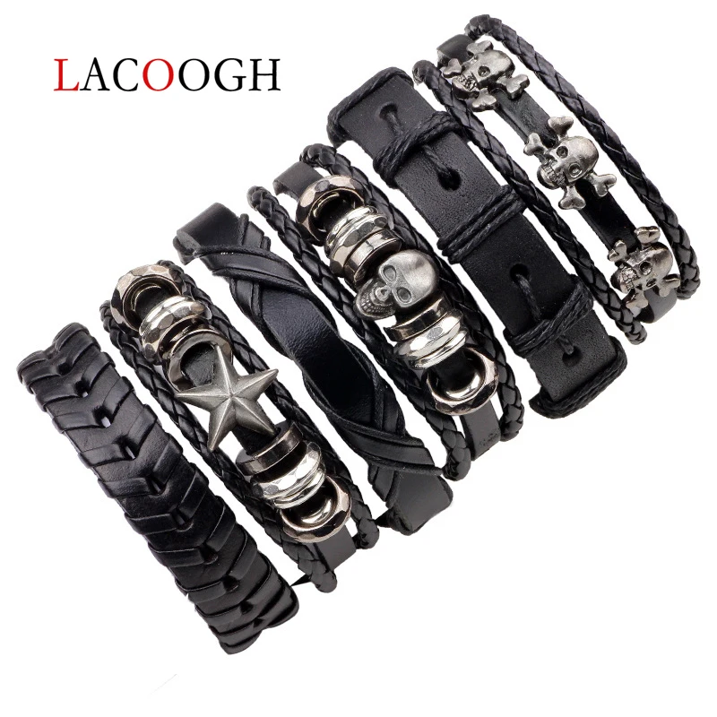 9397 Lacooogh, 1 комплект/5-6 шт., панк-рок, Череп, звезда, кожаные браслеты для мужчин и женщин, Готическая плетеная веревка, ювелирные изделия, подарки, мульти браслет с шармом - Окраска металла: 9397