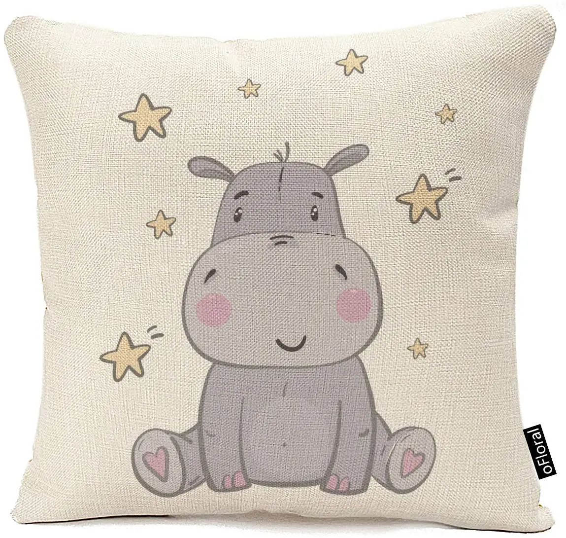 

oFloral Throw Pillow Covers Pink Africa Cute Hippo for Children Animal Star Decorative Pillow Case for Home Couch Bedroom Car