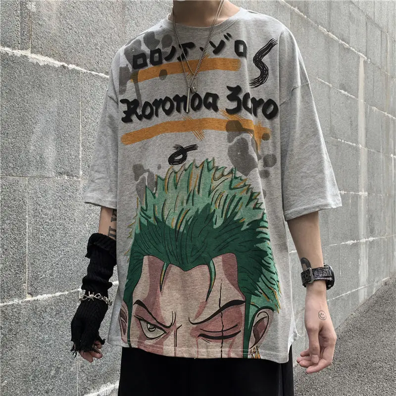 

2021 Tide brand short-sleeved T-shirt men's summer street hip-hop trend anime printing loose Harajuku couple T-shirt