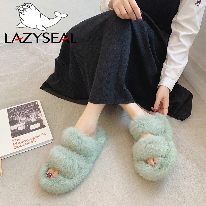 LazySeal/женские тапочки с натуральным мехом новые тапочки их меха под кролика домашние Шлепанцы женские пушистые домашние вьетнамки