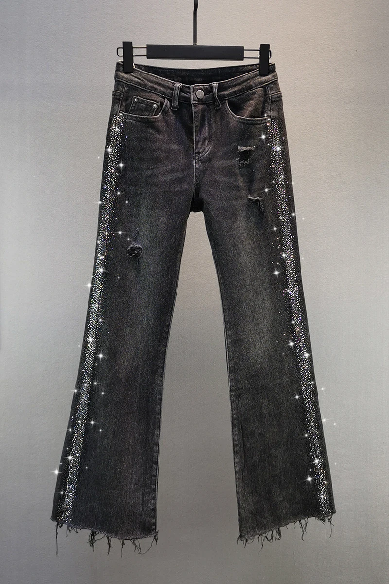 

Hot Drilling Jeans Women's 2020 Autumn New Elastic Slim High Waist Black Bell-bottom Capris Pants Girls Streetwear Cowboy Pants