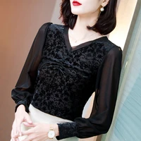 2021 sexy printing hollow out mesh harajuku shirts elegant v neckr long sleeve women tops chiffon shirts diamonds new
