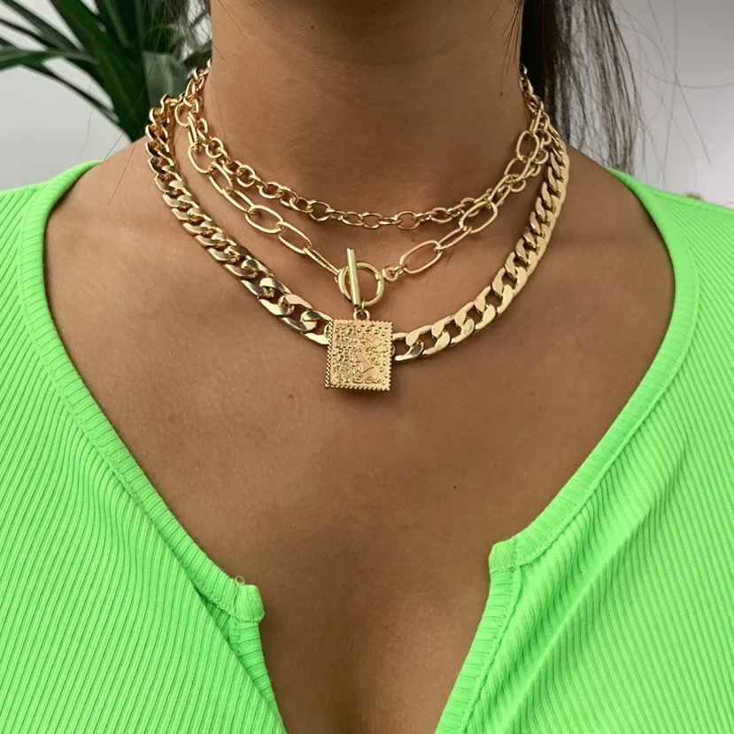 

Punk 3Pcs/Set Cuban Chain Men Choker Necklace Gothic Geometric Coin Pedant Necklace for Women Layered Gold Color Jewelry Charm