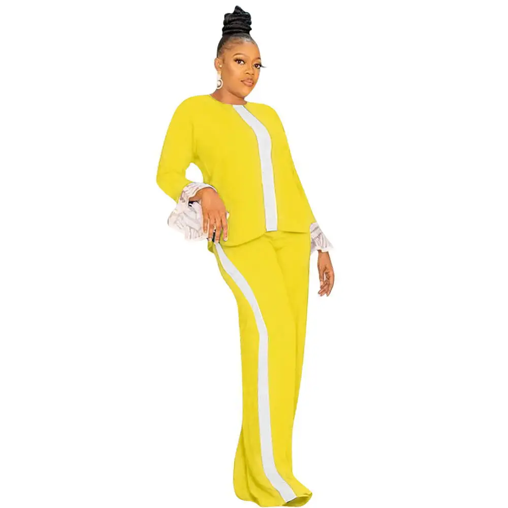 

Hot Selling Women Casual Sets O-Neck Patchwork Ruffles Lace Long Sleeve Loose Tees High Waist Side Striped Wide Pants Tracksuits