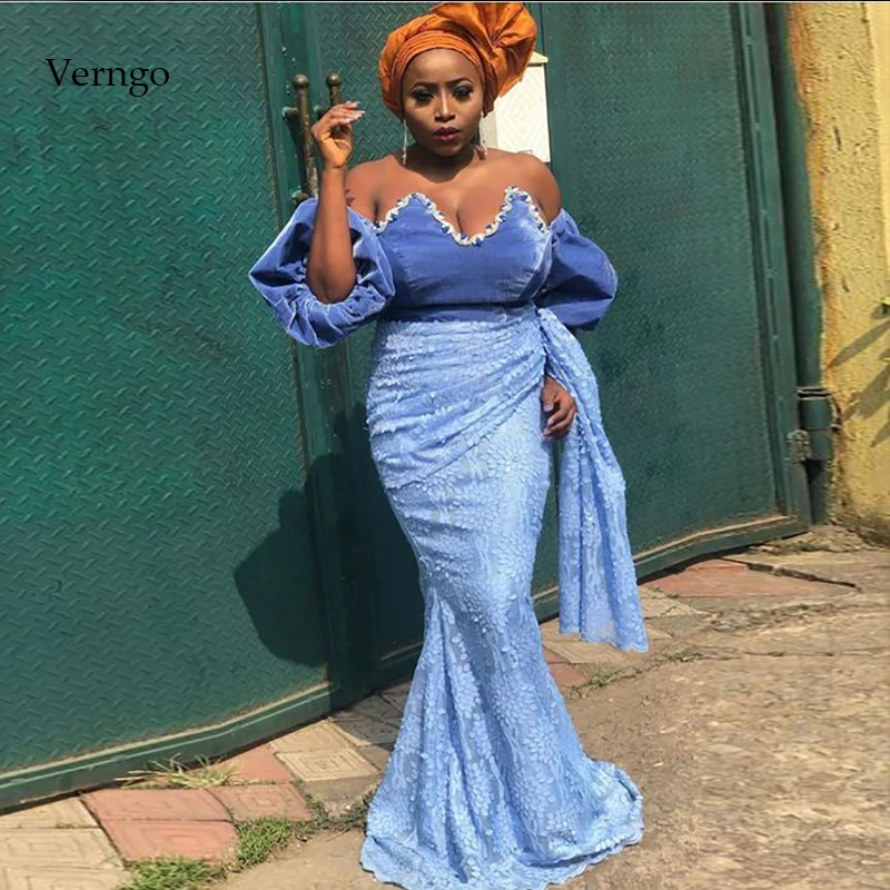 Verngo платье русалки синие вечерние платья с длинными рукавами кружевное для