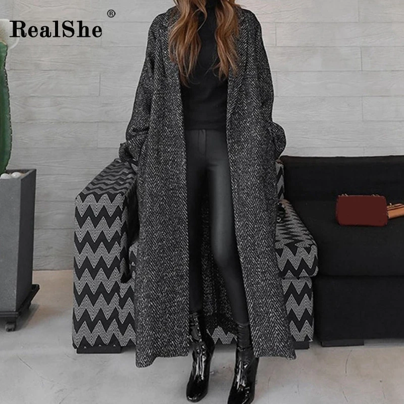 RealShe, длинное женское пальто,, с отворотами, поясом, карманами, пальто и куртки для женщин, большой размер, длинный плащ, Весенняя верхняя одежда, шерстяное пальто для женщин