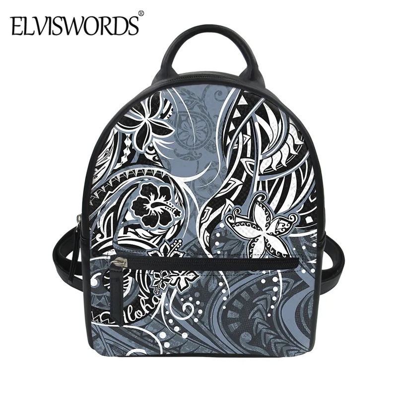 

ELVISWORDS Fashion Gray Mini PU Backpack Women's Casual Shoulder Bag Polynesian Tribal Pattern Durable Leather Sack Mochila