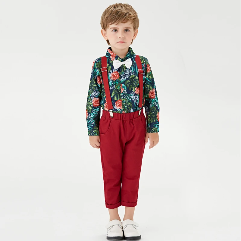 

Топ и топ на весну и осень, Костюм Джентльмена для маленьких мальчиков рубашка с цветочным принтом и бантом + брюки в полоску комплект из 2 пр...