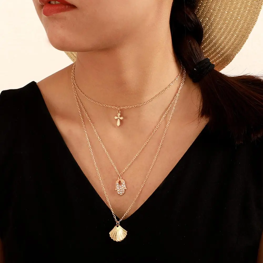 

Vintage Summer Sea Shell Fatima Palm Hand Cross Pendant Necklace For Women Multi Layer Gold Color Choker Necklace Jewelry