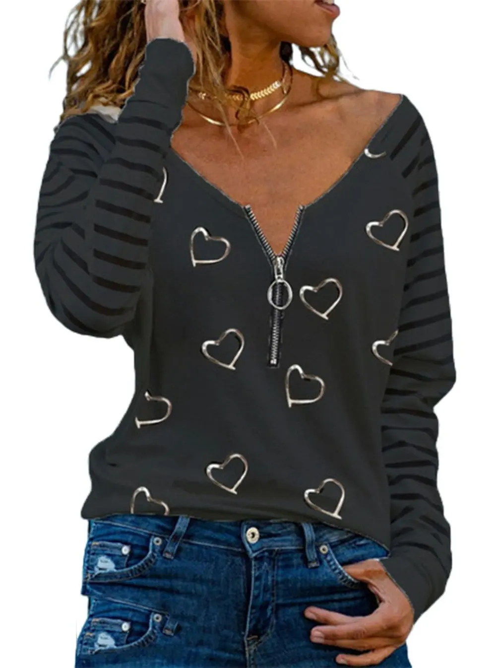 

Heart-shaped Printing Woman's Bloom V-neck Zipper Long Sleeve T-shirt Fashionable Shirt For Women Summer And Autumn