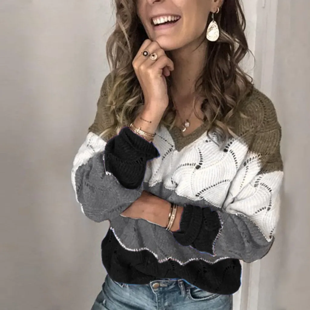 Свитер женский трикотажный с V-образным вырезом и длинным рукавом | Женская